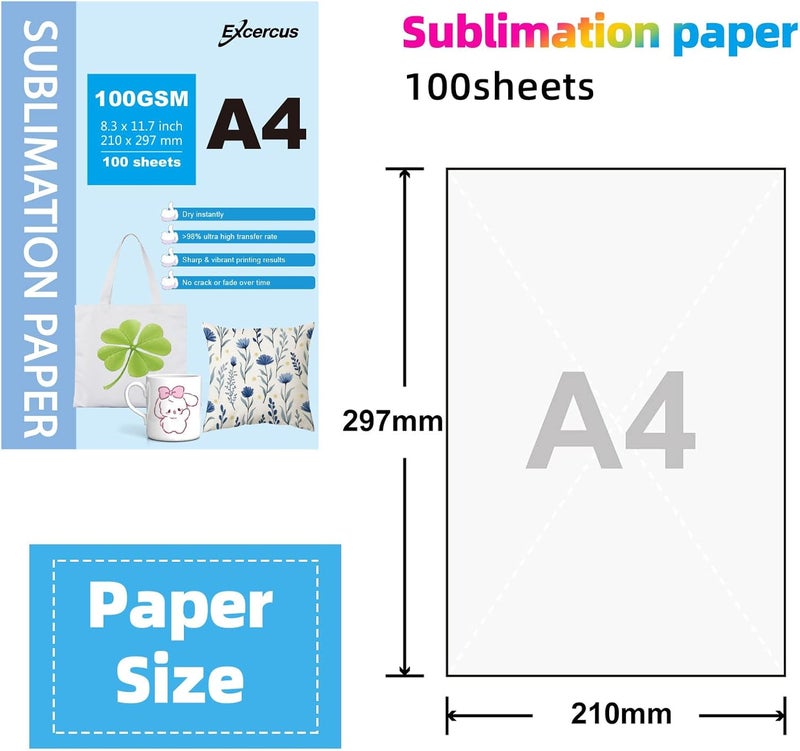 EXCERCUS Sublimation Paper Compatible with Brother EPSON SAWGRASS RICOH Sublimation Printer (A4 210x297mm 100 Sheets 100gsm) - Image 2